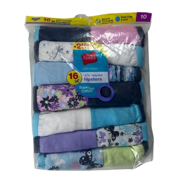Hanes Ultimate Tagless Hipsters Girls Size 10 Super Soft‎ Cotton 16 Pack New - Picture 1 of 7